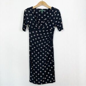 Ralph Lauren Black Sheath Midi Dress with‎ V-Neck Ruching Short Sleeve Size 6